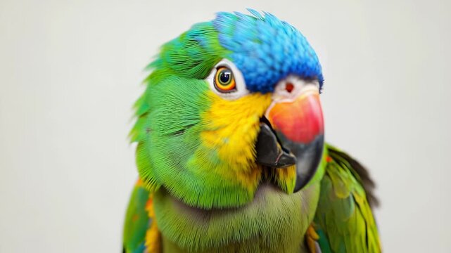 Stunning close-up portrait of a critically endangered Blue-crowned Conure parrot showcasing vibrant plumage and inquisitive expression against a black backdrop.