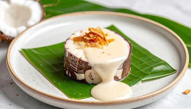 Taro cake with coconut sauce. Authentic pacific island babai dessert smothered in rich creamy coconut liquid topping.