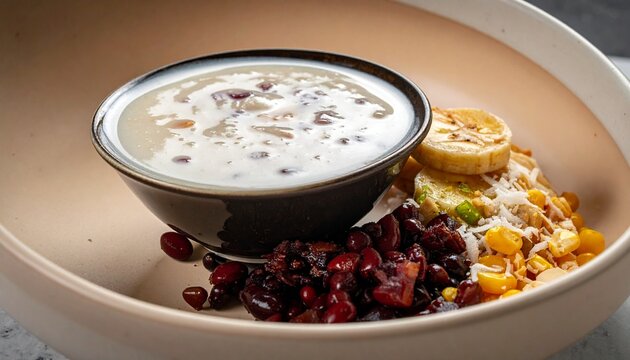 Creamy red bean soup. Classic bubur manis dessert bowl in sweet coconut milk broth served alongside freshly sliced ripe bananas.