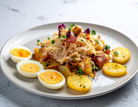 Salt cod salad plate. Authentic portuguese bacalhau dish featuring shredded fish, boiled eggs, roasted potatoes, and fresh herbs.