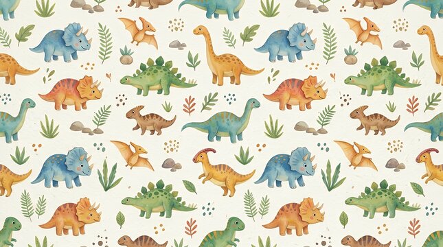 Hand-Painted Adorable Prehistoric Creatures Whimsical Creative Seamless Texture  watercolor pattern animal seamless cute cartoon print fabric wallpaper backdrop design illustration art