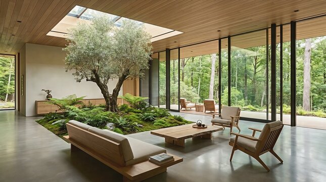 Modern minimalist living room interior with indoor courtyard garden atrium and skylight