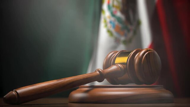 Wooden Gavel Resting on Sound Block with Mexican Flag in Background Courtroom Concept