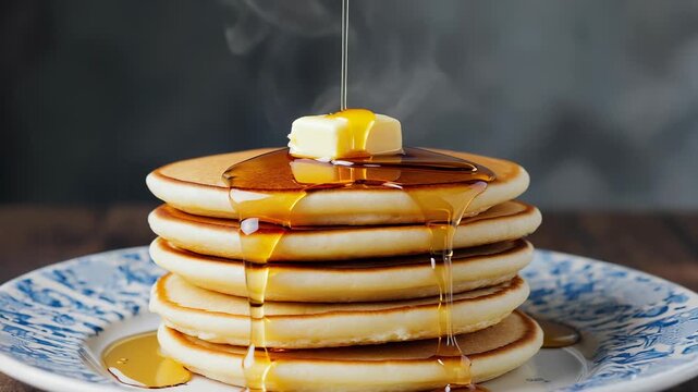 Stack of fluffy pancakes with maple syrup and butter, a delicious breakfast still life on a patterned plate.