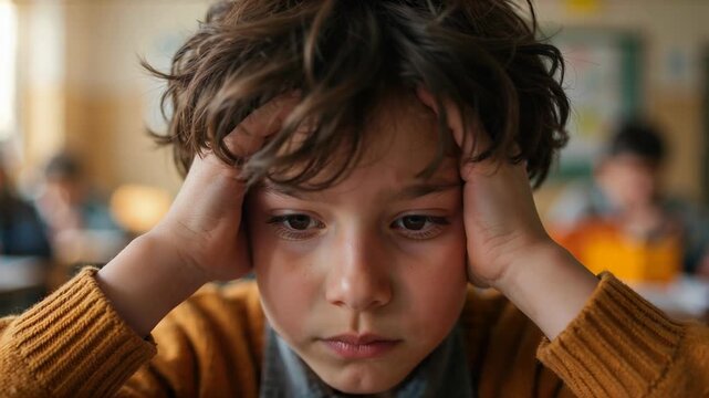 Young Boy Holding Head in Classroom Showing Frustration or Stress during School Day Realistic Cinematic Shot