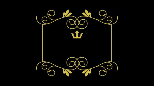 Elegant gold crown and floral ornament frame transition animation on black background.