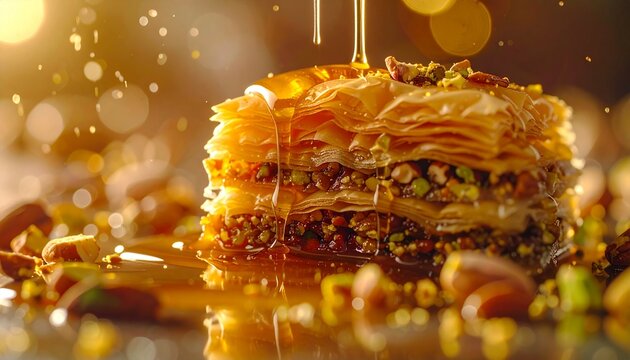 Honey dripping on pastry. Authentic turkish baklava with crispy phyllo and pistachios.