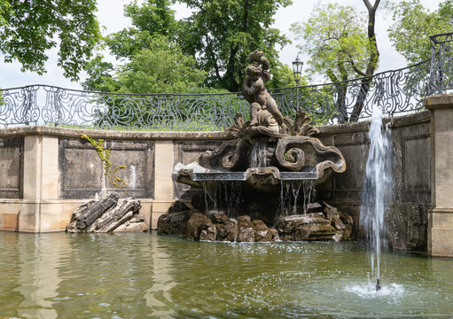 Saxony, Germany - May 22 2026; Delphinbrunnen (Dolphin Fountain) on Br&uuml;hlsche Terrasse, Dresden