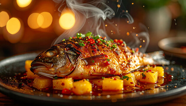 Hot delicious grilled fish with spicy seasoning and roasted potatoes on a black plate with steam