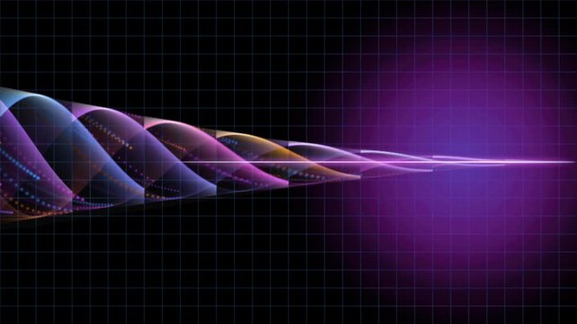 Abstract flowing lines with colorful particles moving towards light source against dark grid background seamlessly looped motion graphic animation for tech presentations.