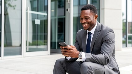 Fototapeta premium confident african american businessman smiling outdoors using smartphone near modern glass office building for corporate lifestyle marketing