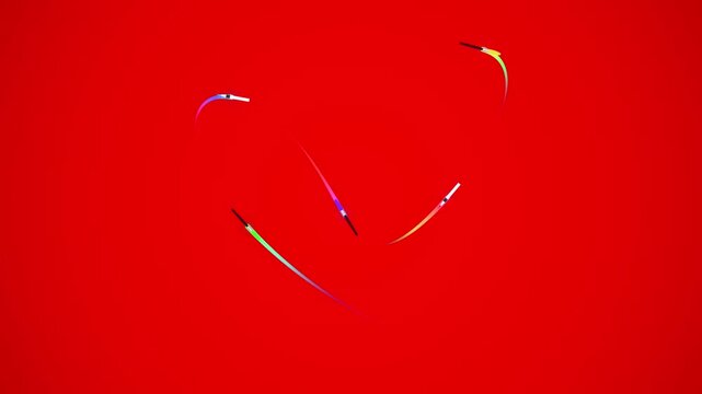 Professional abstract motion graphics of colorful pens on red background