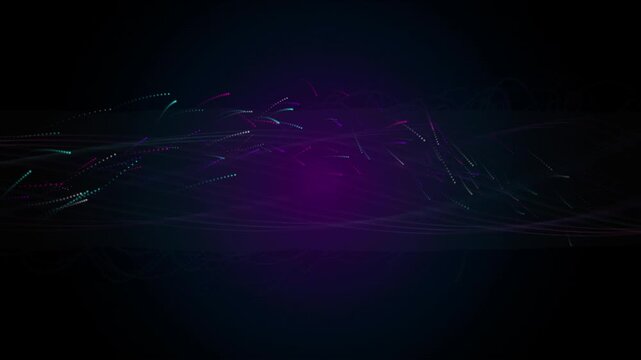 Abstract digital motion background featuring glowing pink and blue dotted light particles flowing smoothly in dark space creating cinematic waving wave effects.