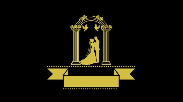 Elegant Gold Wedding Logo Animation Featuring Couple Under Classical Archway.