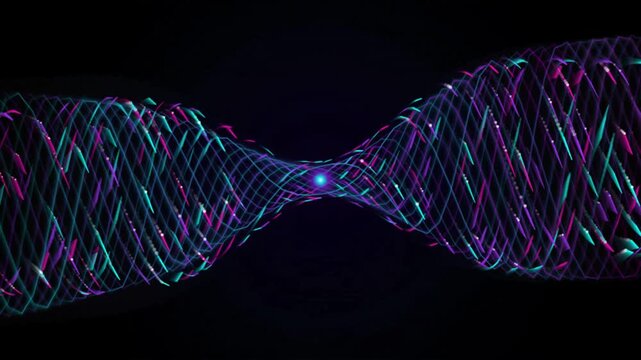 Abstract digital hourglass shape composed of glowing cyan and magenta neon light trails rotating in dark void cinematic motion background for modern technology.