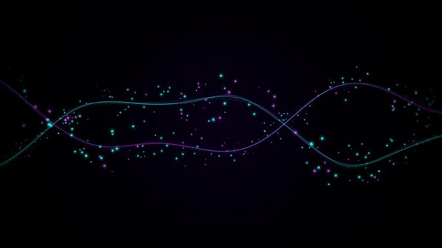 Abstract glowing wave lines intertwining with shining particles across dark background creating futuristic soundwave design for motion graphic video backdrop.