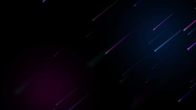 Abstract neon laser light streaks falling diagonally across dark background with blue and purple glowing particles creating cinematic digital motion graphics feel.