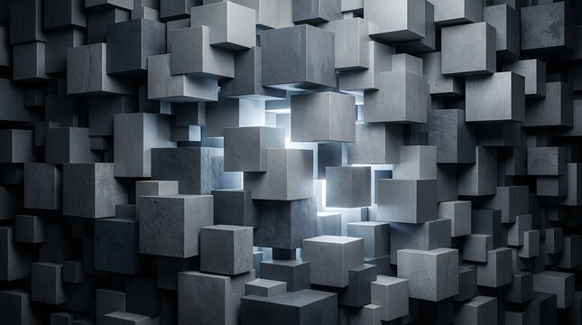 Abstract backdrop with monochromatic cube mosaic featuring depth and luminous glow  Monochrome Cube Mosaic Background Futuristic Design Geometric Pattern Depth Effect Light Glow Abstract