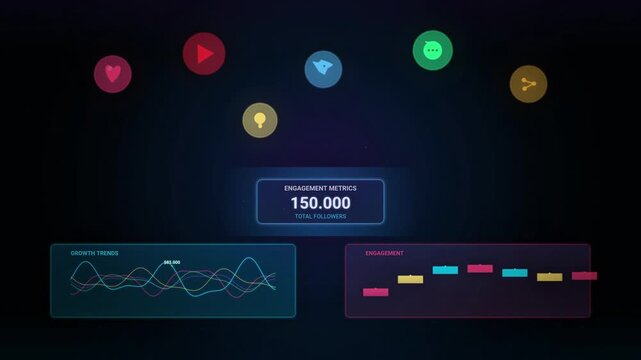 Digital Engagement Metrics Dashboard Visualizing Social Media Performance and User Interaction Data Trends with Interactive Interface Elements