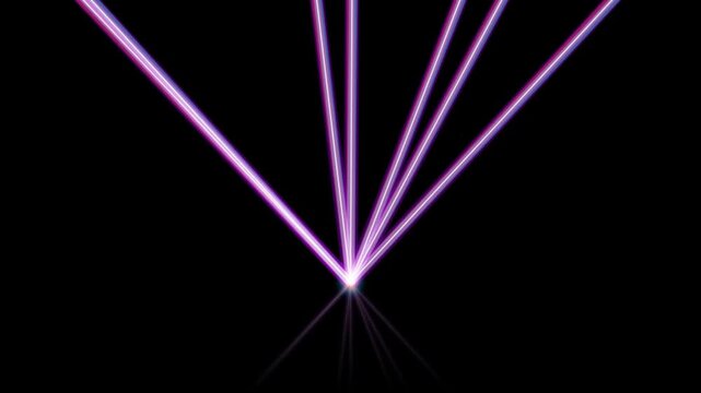 Purple laser light beams moving and radiating from central point in darkness created for stage backgrounds concert visual shows and nightclub party atmosphere.