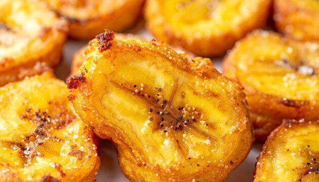 Tostones crispy plantain slice. Macro detail shot of traditional Latin American twice-fried plantain.