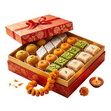 Festive Sweet Box with Assorted Mithai and Marigold Garlands on Transparent Background