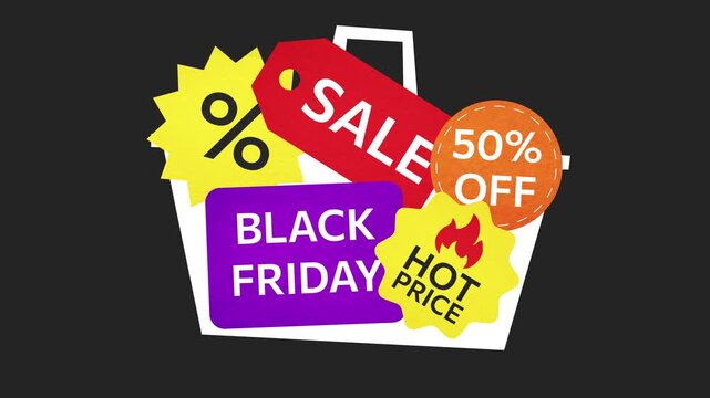Sale badges fill and empty shopping basket in rhythmic sequence. Concept of online purchases, discount accumulation and Black Friday promotion in stop motion animation.