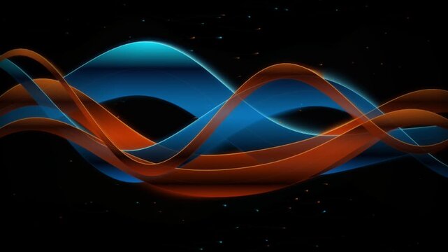 Dynamic blue and orange waves flowing elegantly against black background with particles in animated motion.
