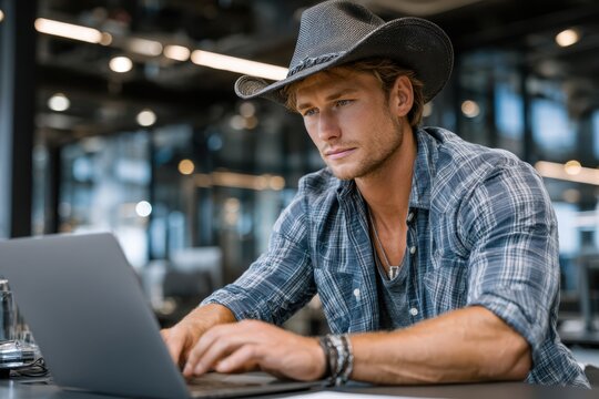 Cowboy wearing a hat working on a laptop in a modern office environment