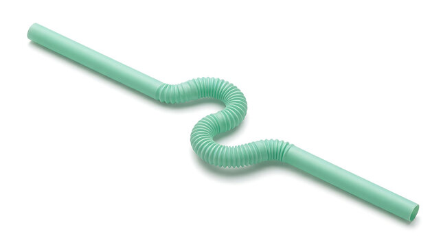 A light green flexible plastic drinking straw isolated on white background