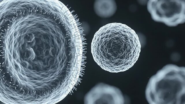 Healthy human cell remaining stationary while one spherical immune cell slowly approaches its surface