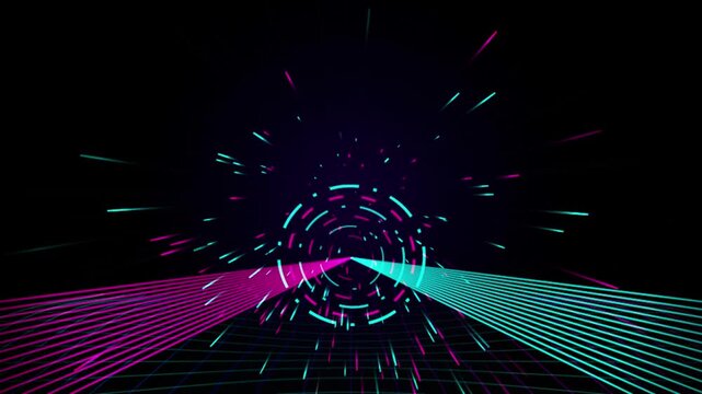 Neon laser grid tunnel motion graphic featuring vibrant pink and cyan light trails traveling through abstract futuristic cyberspace digital world background scene.
