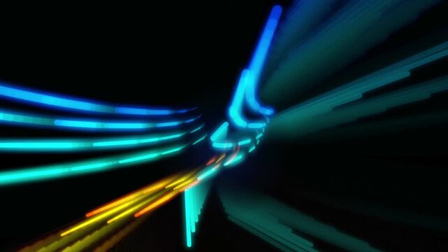 Abstract digital data motion with blue and orange light streaks flowing through dark space creating energetic futuristic backdrop for high tech projects and web.