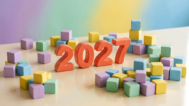 Colorful wooden blocks spelling 2027 on a bright pastel background for new year