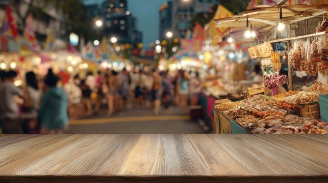 Blurred night market scene with wooden table foreground and food displays