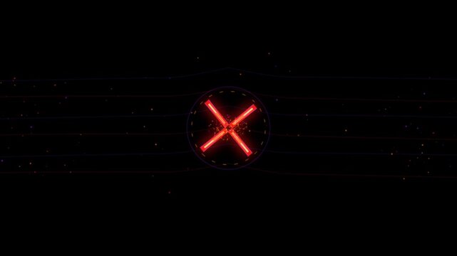 Neon x mark symbol pulsing with flowing light waves and dark background particle effects digital animation abstract motion graphic for futuristic user interface design.
