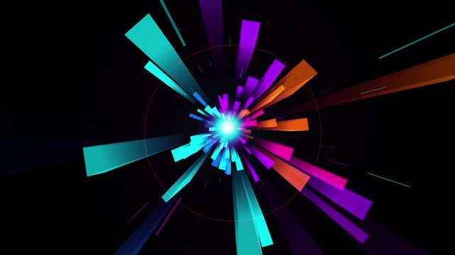 Abstract colorful light streaks burst from center on black background motion graphics footage.