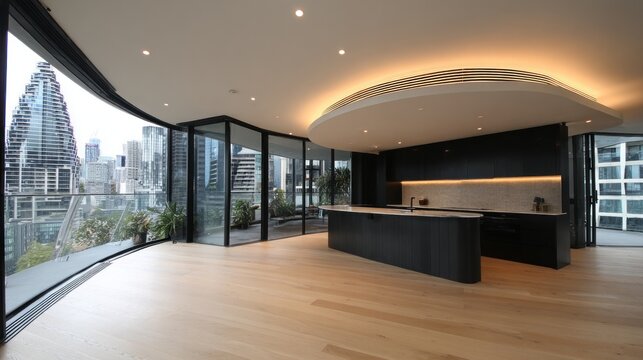 Modern kitchen with city view through large glass windows interior design