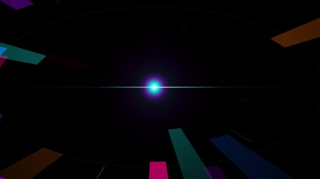 Abstract digital optical flare with colorful geometric shapes spinning around center glowing light beam on black background perfect for modern motion graphics.