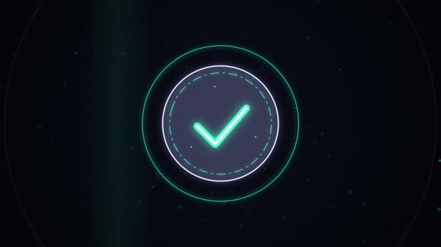 Neon check mark animation inside circular interface with digital hud elements floating over dark space background for technology success and verification concept.