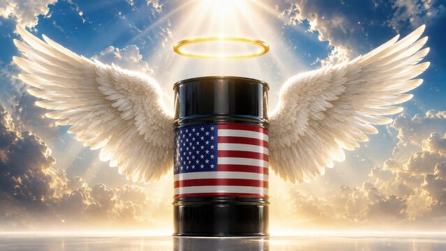 Symbolic American oil barrel with wings and halo representing United States energy power, industrial strength, production and economic leadership.