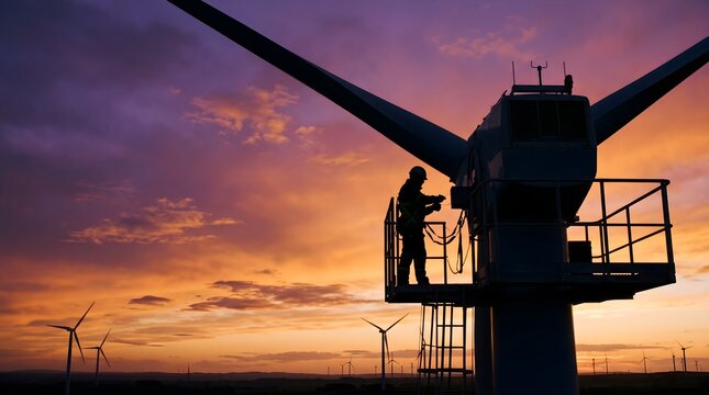 Wind Turbine Engineer Silhouetted at Sunset, Renewable Energy Technician Servicing Windmill