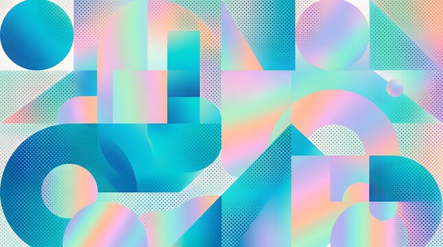 Contemporary Bauhaus-inspired abstract geometric backdrop with vivid gradient shapes fluid aqua composition soft iridescent spectrum dotted screen effect versatile web banner landing page