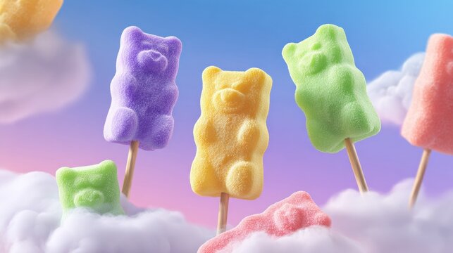 Colorful gummy bear treats on sticks floating against a pastel sky backdrop