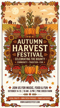 Vintage Autumn Harvest Festival poster vector, rustic fall celebration flyer with pumpkins and corn, seasonal community event invitation