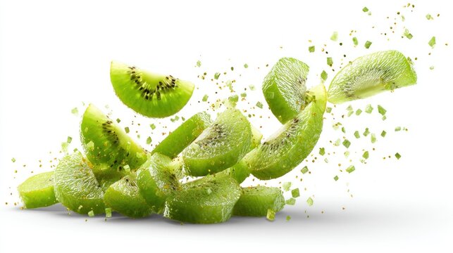 Fresh kiwi slices in mid air against a clean white backdrop with copy space