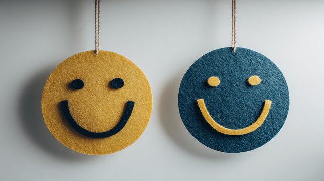 Two smiling face ornaments hanging against a neutral background