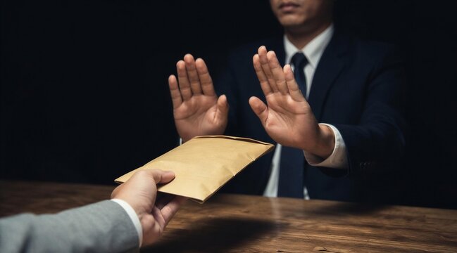 Businessman Refusing Bribe Envelope at Dark Office Desk