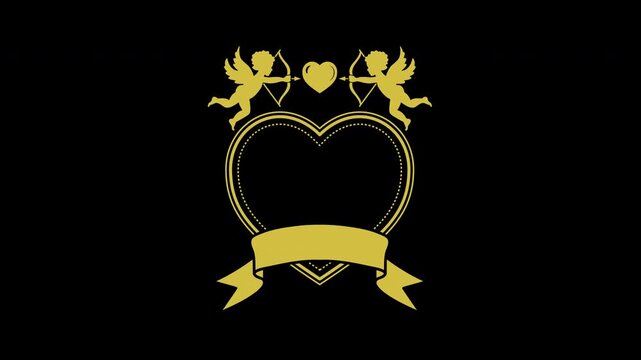 Golden Cupid heart frame with ribbon banner for romantic designs.