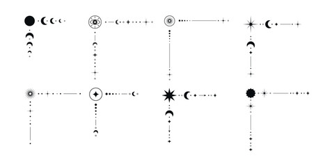 Fototapeta na wymiar Black tarot corner elements for frames with moon stars sun and eye